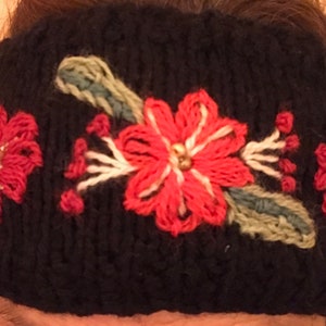 CUSTOM hand-KNITTED head band / ear warmer with decorative embellishments; fleece-lined & velcro closure. Made-to-order