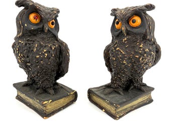 Owl Book Ends Vintage Universal Statuary Corp 1962 Mid Century Gothic Black Gold