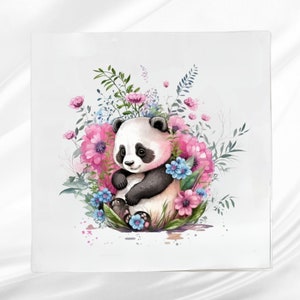 Baby Panda Fabric Panel: Floral Quilt Block for Sewing