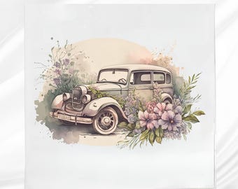 Vintage Car Fabric Quilt Block ~ Cotton blend fabric panel for sewing projects