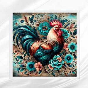 May include: A vibrant illustration of a rooster with teal and orange plumage, set against a backdrop of teal and coral flowers and foliage. The artwork is framed with a white border, creating a decorative piece.