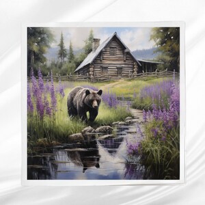 Bear in Wildflowers Fabric Panel ~ Bear Quilt Panel ~ Square fabric panel for sewing projects
