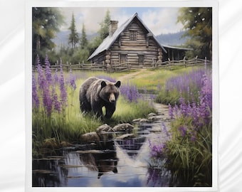 May include: A brown bear stands near a small stream in front of a wooden cabin in a forest setting. The bear is looking at the viewer. The cabin has a wooden porch and a wooden fence. There are purple flowers growing along the stream.