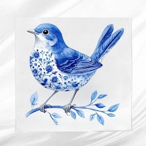 Delft Blue Bird Fabric Panel: Sewing & Quilting Square