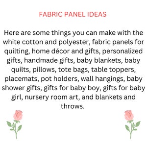 Pode incluir: Texto sobreposto em um fundo branco com as palavras "FABRIC PANEL IDEAS" em vermelho. O texto abaixo diz "Aqui est&atilde;o algumas coisas que voc&ecirc; pode fazer com os pain&eacute;is de tecido de algod&atilde;o branco e poli&eacute;ster, para acolchoar, decora&ccedil;&atilde;o de casa e presentes, presentes personalizados, presentes feitos &agrave; m&atilde;o, cobertores para beb&ecirc;s, edredons para beb&ecirc;s, travesseiros, bolsas de m&atilde;o, toalhas de mesa, tapetes, porta-panelas, tape&ccedil;arias de parede, presentes de ch&aacute; de beb&ecirc;, presentes para meninos, presentes para meninas, arte para o quarto das crian&ccedil;as, e cobertores e colchas."