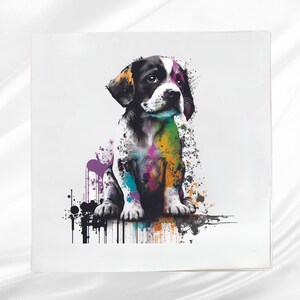 Watercolor Puppy Fabric Panel: Cotton blend Square for Sewing