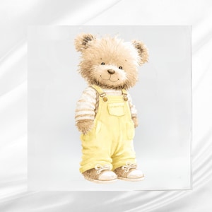 May include: A fluffy light brown teddy bear illustration wearing a pale yellow pair of overalls over a white and light brown striped long-sleeve shirt. The bear is wearing brown and white sneakers with white laces and has a soft, textured appearance.