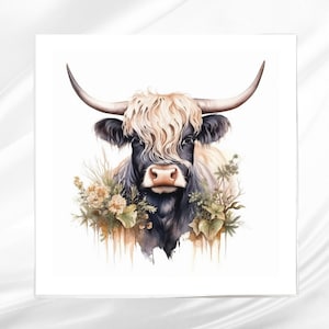 Highland Cow Fabric Panel ~ Cattle Cow Quilt Panel ~ Square fabric panel for sewing projects