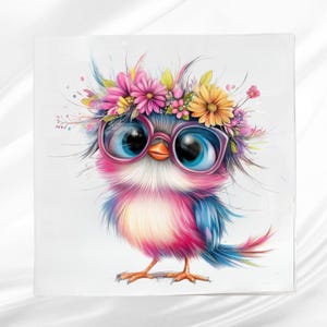 Whimsical Bird Fabric Panel: Colorful Quilt Square