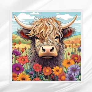 Highland Cow Fabric Panel ~ Highland Quilt Panel ~ Square fabric panel for sewing projects