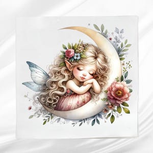 Fairy Girl  on Moon Fabric Panel ~ Fairy Girl Quilt Block ~ Square fabric panel for sewing projects