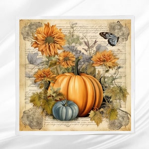 Pumpkin, Vintage Background Fabric Panel ~ Fall Crafting Fabric ~ Square fabric panel for sewing projects