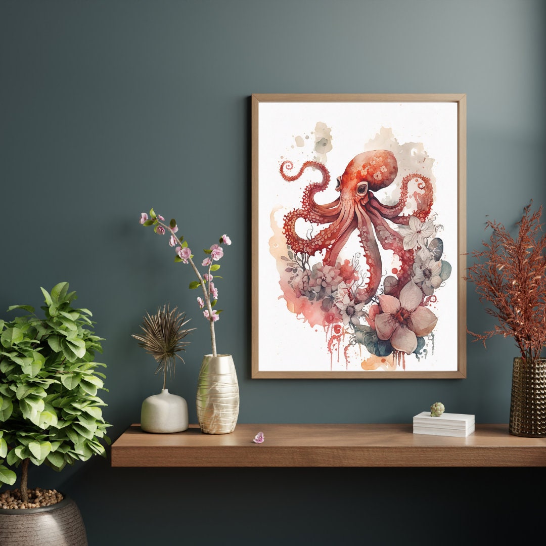 Animal Watercolor PRINTABLE ART Red Octopus Sublimation File - Etsy