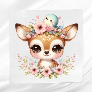 Woodland Fawn Fabric Panel ~ Woodland Animals Quilt Block ~ Square fabric panel for sewing projects