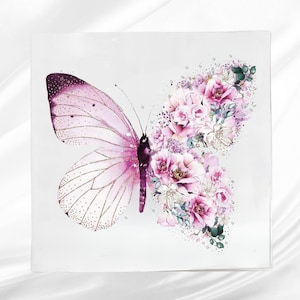 Pink Floral Butterfly Fabric Panel ~ Butterfly Quilt Block ~ Square fabric panel for sewing projects