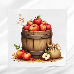 May include: A digital illustration of a wooden barrel overflowing with red and yellow apples. A small burlap sack with a tied bow sits beside the barrel. Several whole and sliced apples are scattered around the base, with autumn leaves.