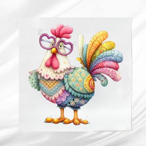 May include: A whimsical watercolor illustration of a rooster wearing heart-shaped glasses. The rooster features a colorful, patterned design with shades of pink, blue, green, and yellow. The artwork has a decorative, folk art style.