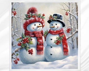 May include: Two snowmen standing in a snowy forest. The snowman on the left is wearing a red hat with a white pom-pom and a red scarf. The snowman on the right is wearing a black top hat and a red scarf. Both snowmen have holly and red berries on their hats.