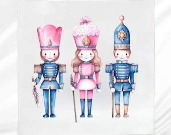 May include: Three watercolor nutcracker figurines, one in pink, one in blue, and one in a pink and white cupcake costume. The figurines are standing on a white background.
