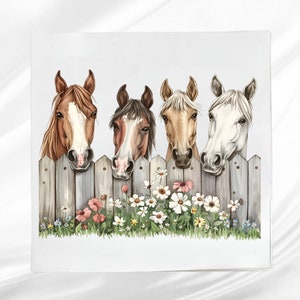 Horses looking over Fence Fabric Panel ~ Horse Quilt Block ~ Square fabric panel for sewing projects