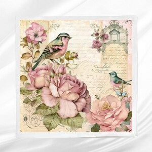 Decoupage Style Bird Fabric Panel ~ Quilt Block Panel ~ Square fabric panel for sewing projects