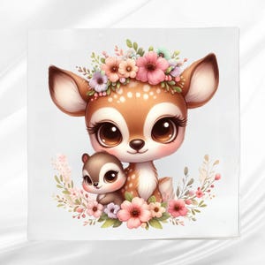 Fawn and Squirrel Fabric Panel ~ Woodland Animals Quilt Block ~ Square fabric panel for sewing projects