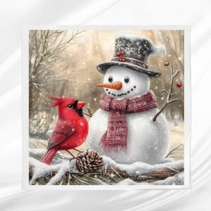 May include: A winter-themed illustration features a snowman with a black top hat and a red scarf, alongside a vibrant red cardinal bird. The snowman has a carrot nose and twig arms. A pinecone rests on a snow-covered branch.