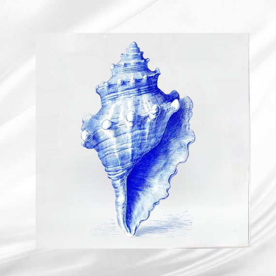 Chinoiserie Blue Conch Shell Fabric Panel: Delft Cotton blend Quilt Block
