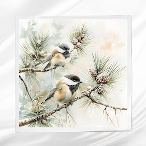 May include: Two small birds with black heads and white cheeks perched on a pine branch with brown pine cones. The birds are brown, white, and black with a watercolor background.