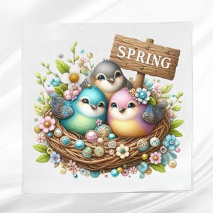 Spring Birds Fabric Panel: Cotton blend Sewing Quilt Block