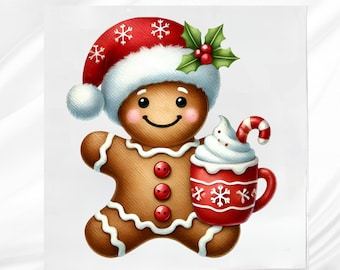 Gingerbread Man drinking Cocoa Fabric Panel: Cotton blend Quilt Block
