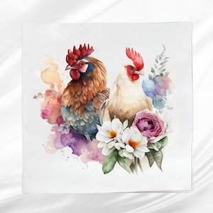 Rooster & Chicken Fabric Panel ~ Farmhouse Quilt Block ~ Square fabric panel for sewing projects
