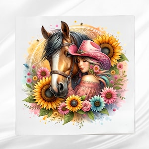 Western Horse and Cowgirl Fabric Panel ~ Horse Lovers Quilt Block ~ Square fabric panel for sewing projects