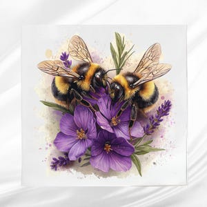 May include: Watercolor illustration of two bumblebees with black and yellow stripes, perched on vibrant purple flowers. The artwork features delicate details, including the bees' wings and the texture of the petals, set against a soft, light background.