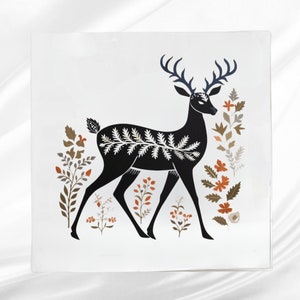 Folk Art Deer Fabric Panel ~ Deer Quilt Block ~ Square fabric panel for sewing projects