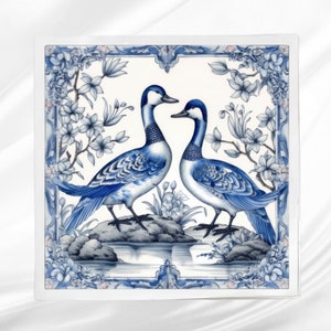 Delft Style Duck Fabric Panel ~ Quilt Block ~ Square fabric panel for sewing projects