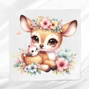 Woodland Fawn Fabric Panel ~ Woodland Animals Quilt Block ~ Square fabric panel for sewing projects
