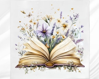 Könnte beinhalten: Ein offenes Buch mit zarten lila und weißen Blumen, die aus seinen Seiten wachsen. Das Buch ist von einem hellgrauen Hintergrund mit goldenem Glitzer und Herzen umgeben.