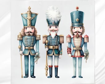 May include: Three watercolor nutcracker figurines with blue and gold accents. The nutcrackers are standing in a row on a white background.