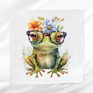 Cute Frog Fabric Panel ~ Frog Quilt Block ~ Square fabric panel for sewing projects