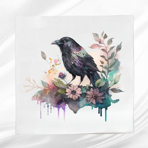 May include: A watercolor painting of a black raven perched on a floral arrangement. The artwork features a dark bird with iridescent feathers, surrounded by pink, purple, and teal flowers and foliage. The background is white.
