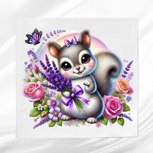 May include: A cute cartoon squirrel with gray fur, holding a bouquet of lavender tied with a purple bow. Pink roses and purple flowers surround the squirrel, with a purple butterfly above. The background has a rainbow-colored glow.