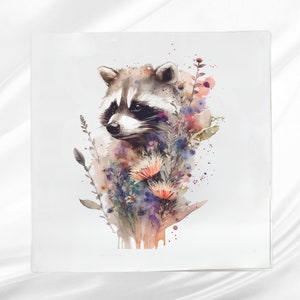 Floral Raccoon Fabric Panel ~ Quilt Block ~ Square fabric panel for sewing projects
