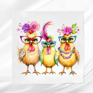 May include: A digital illustration of three yellow chickens standing side by side. Each chicken wears colorful glasses and floral headpieces. The left chicken has pink glasses, the center has blue, and the right has teal glasses with a beaded necklace.