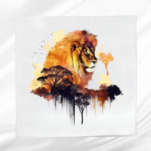 Double Exposure Lion Fabric Panel ~ Quilt Block ~ Square fabric panel for sewing projects