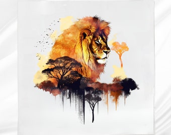 Double Exposure Lion Fabric Panel: Cotton blend Quilt Block