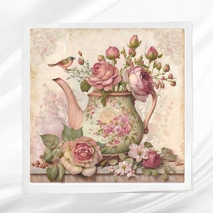 Vintage Tea Kettle Fabric Panel ~ Square fabric panel for sewing projects