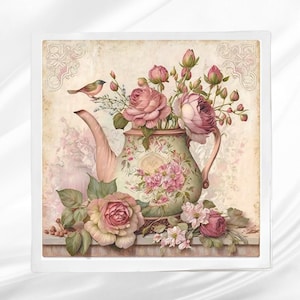 Tea Kettle Fabric Panel ~ Quilt Block ~ Square fabric panel for sewing projects