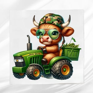 Country Tractor Fabric Panel ~  Highland Calf Quilt Panel ~  fabric panel for sewing projects