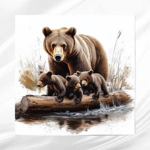 Brown Bear with Cubs Fabric Panel ~ Quilt Block ~ Square fabric panel for sewing projects